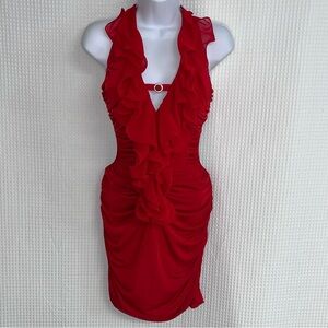 Aggie ladies red ruffle trim sleeveless mini dresss size large